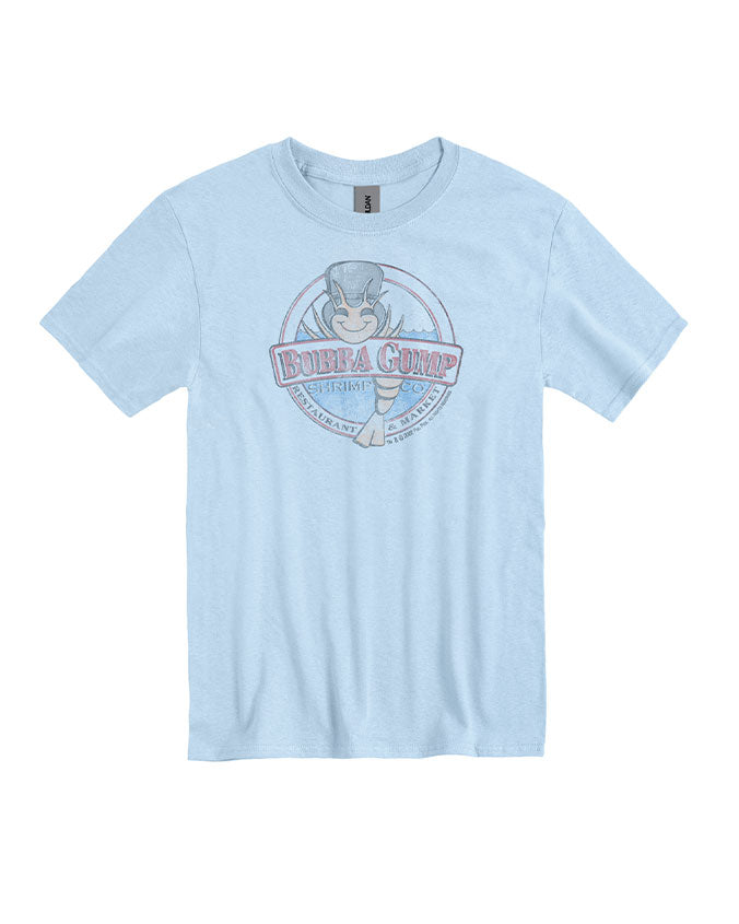 Light blue t-shirt with classic distressed Bubba Gump logo.