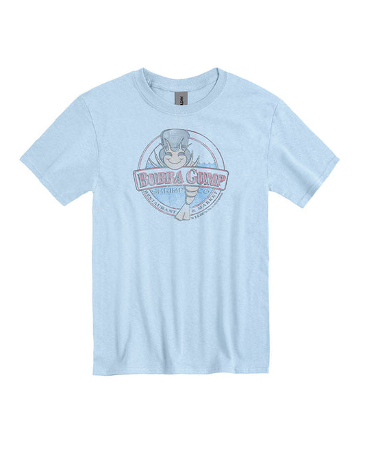 Light blue t-shirt with classic distressed Bubba Gump logo.