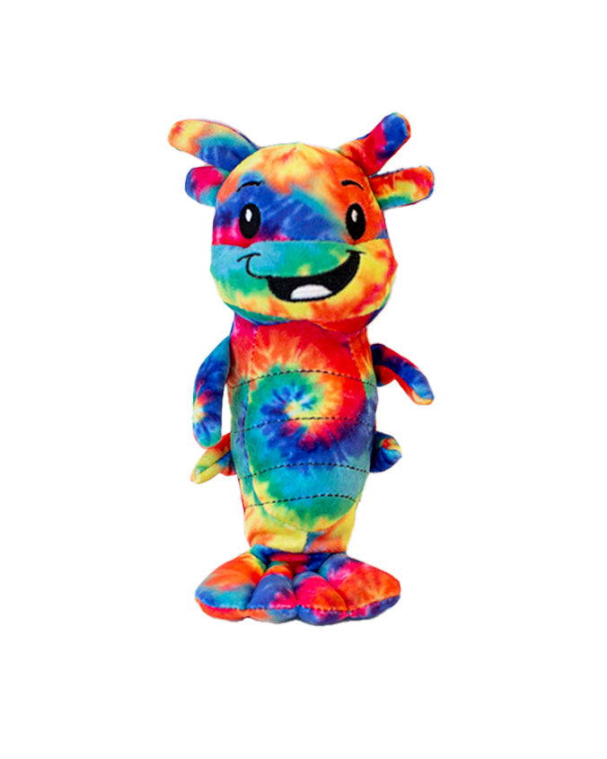 10 inch vibrant tie dye Shrimp Louie plush with a smiling face.